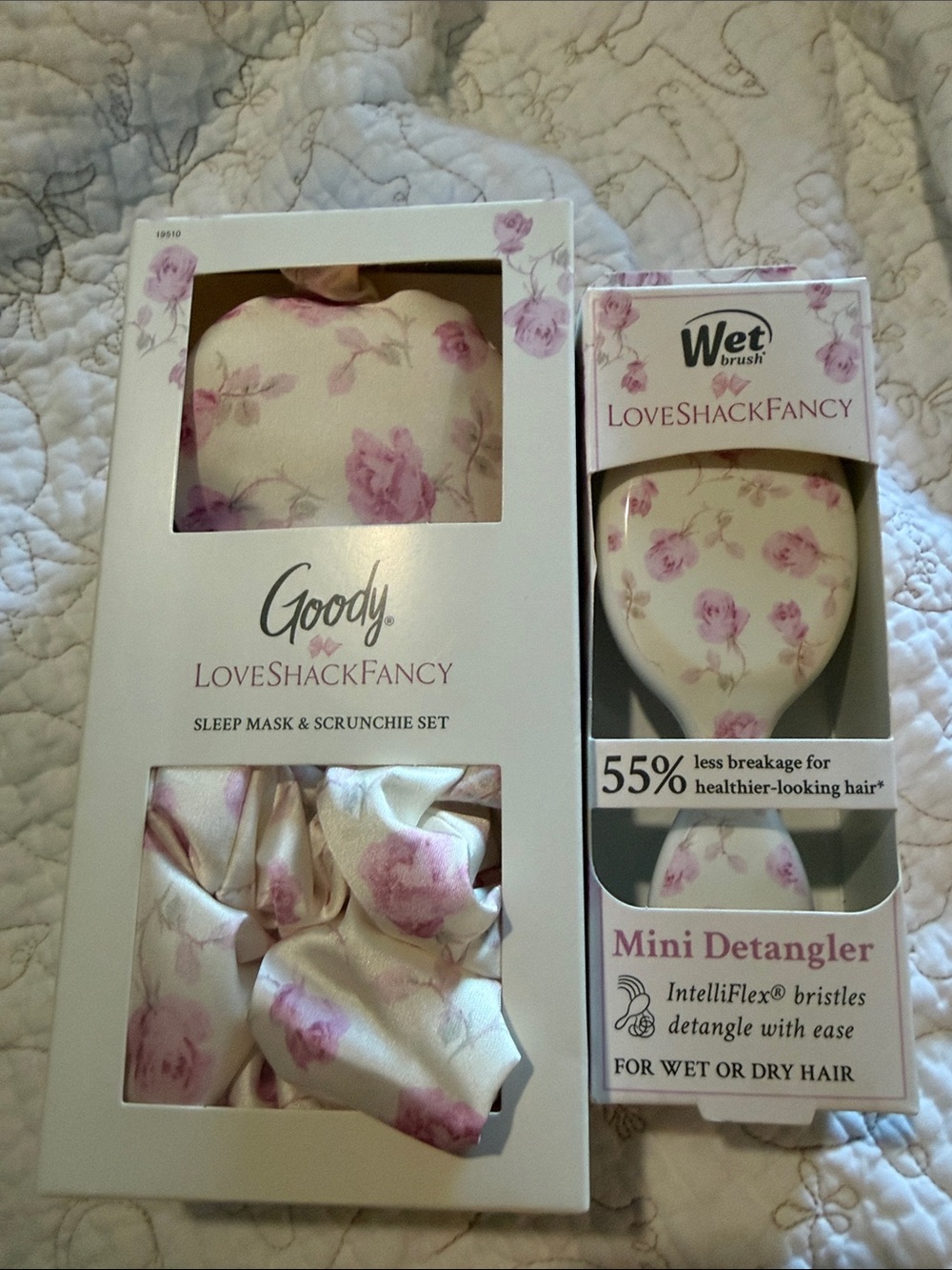LoveShackFancy Pink Rose Floral Eye Mask and Mini Wet Brush Set